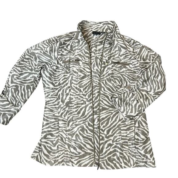 Tribal Zebra Windbreaker Jacket Women's Size 10 Gray Ivory Animal Print Full Zip - Picture 2 of 11